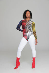 Checkered Mesh Color Block Bodysuit