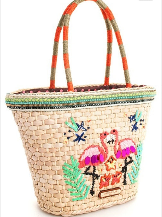 NIcole Lee Flamingo Embroidered Woven Straw Tote Bag