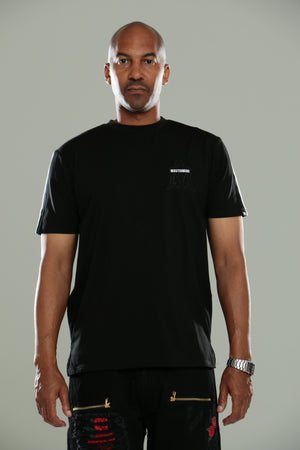 Black Makobi shirt w/ white stripes on the sleeves