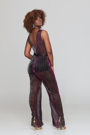 Shimmer pleated mesh jumpsuit
