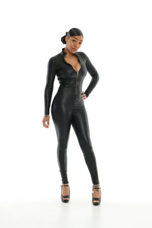 Black Faux Leather Bodysuit With Zipper in front