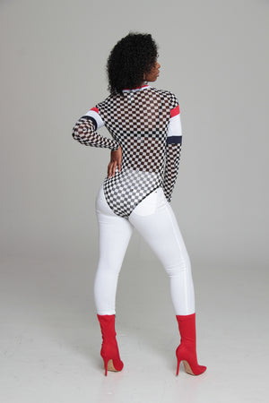 Flawless Checkered Mesh Color Blocked Bodysuit