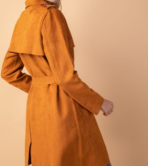 Solid Rusty Vegan Leather Trench Coat with Waist Tie