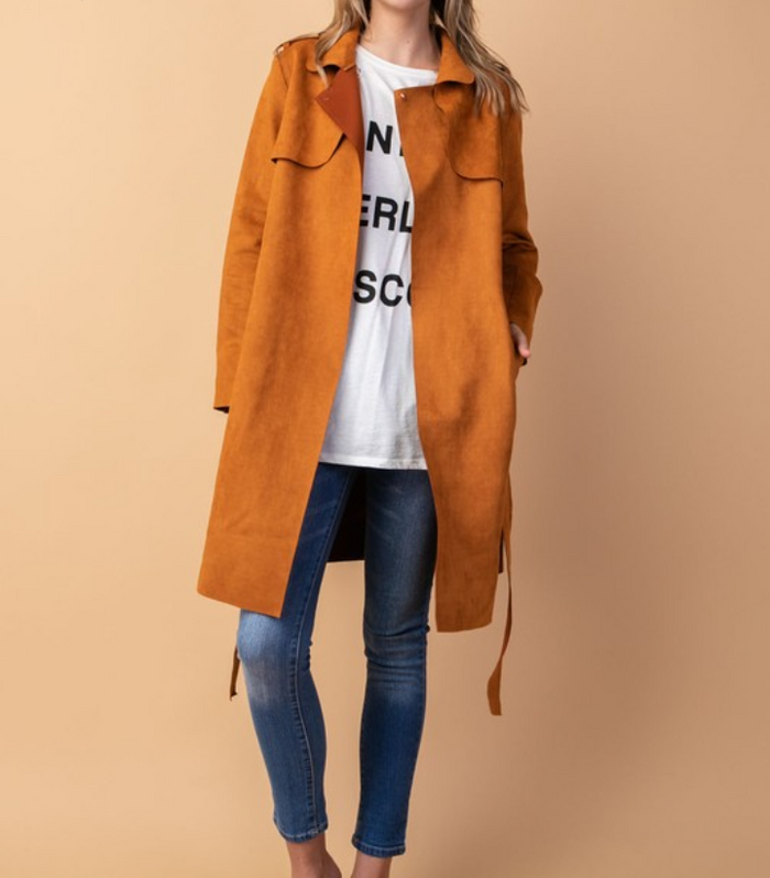 Solid Rusty Vegan Leather Trench Coat with Waist Tie